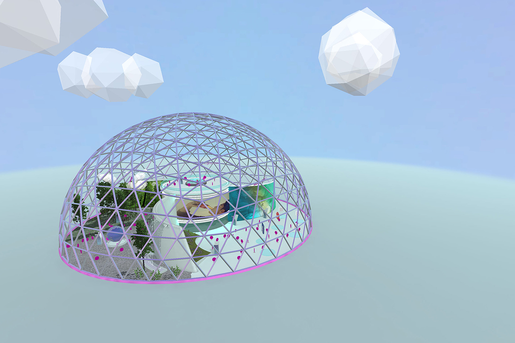 A virtual dome containing various exhibits and media floating in the sky with clouds surrounding.