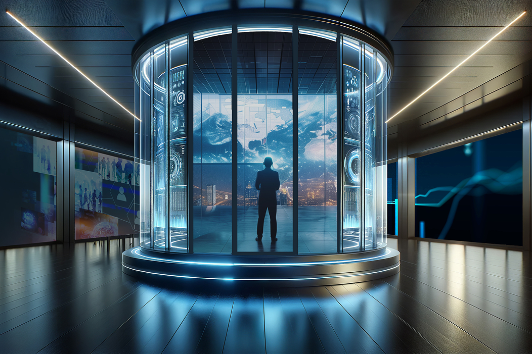 A man standing inside a glass room surrounded by data visualizations and projections. The wall shows a schedule of current and upcoming appointments.